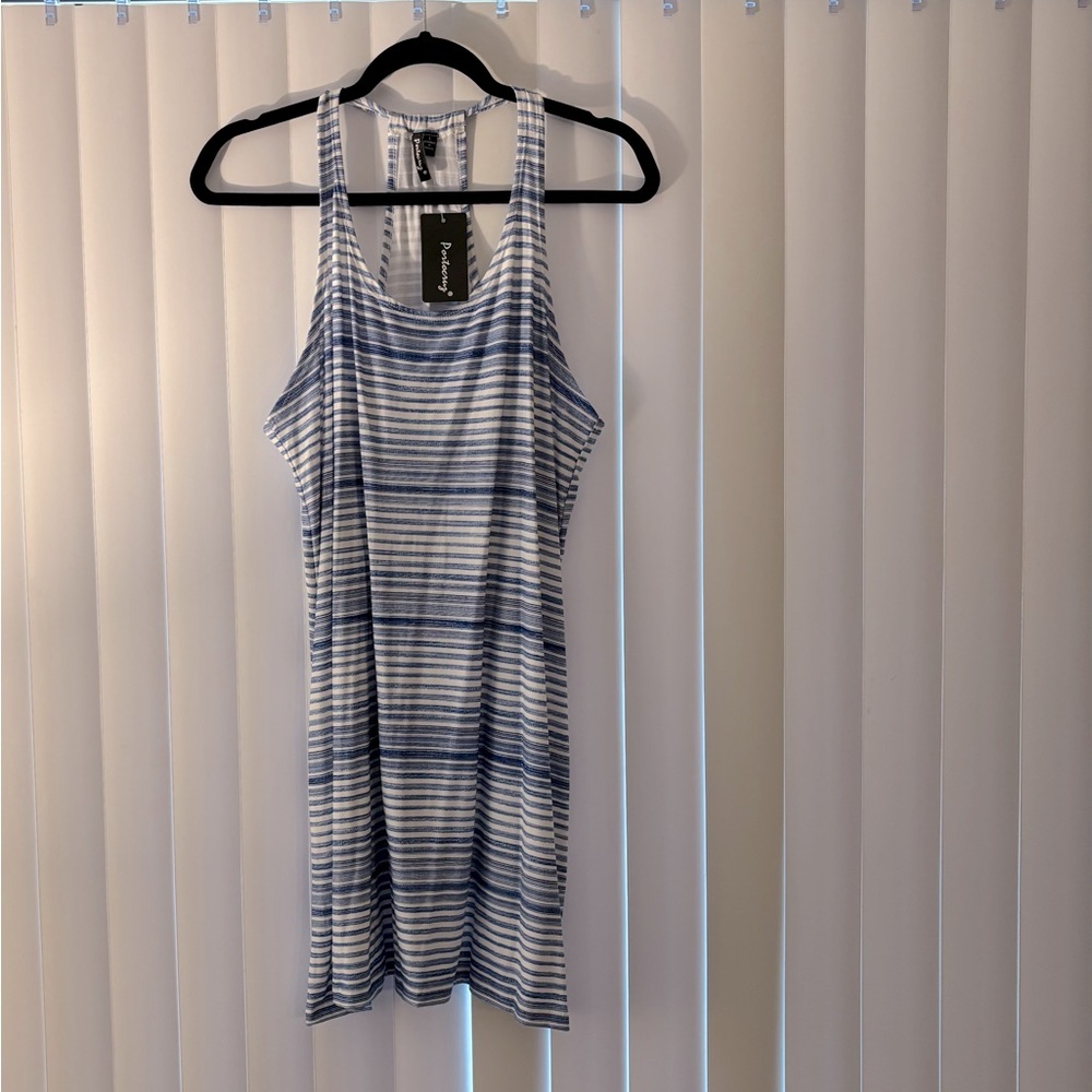 Portocruz Swimsuit Cover Up Striped Blue and White T-Back Tank Dress Size Large